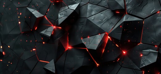  black geometric abstract shapes with red glowing  - obrazy, fototapety, plakaty