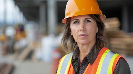 confident middleaged woman construction worker hard hat and safety vest portrait