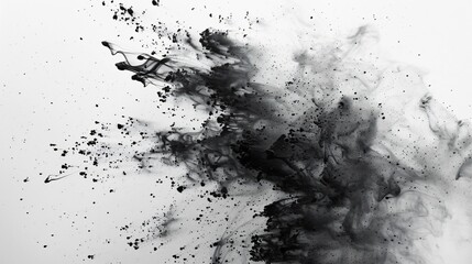 Charcoal Textures, Black particles splash across a white backdrop, creating an abstract pattern of smoke, dust, and powder, capturing the raw beauty of texture and movement.