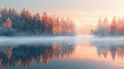 Fototapeta premium Crisp winter morning with snow-covered trees reflecting on a tranquil forest lake.