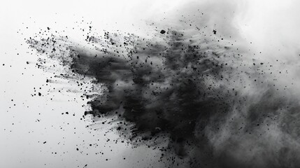 Charcoal Textures, Black particles splash across a white backdrop, creating an abstract pattern of smoke, dust, and powder, capturing the raw beauty of texture and movement.