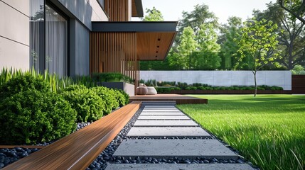 contemporary lawn turf with wooden edging in the front yard of a modern house featuring artificial grass and a clean minimalist design digital illustration - obrazy, fototapety, plakaty