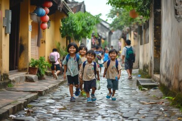 Unidentified Vietnamese children walking on the street in Ho Chi Minh city, Vietnam