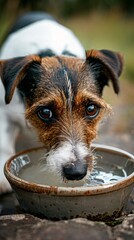 Charming smooth fox terrier dog drinking from a ceramic bowl outdoors, its tail wagging in delight, capturing the joy of simple pleasures.