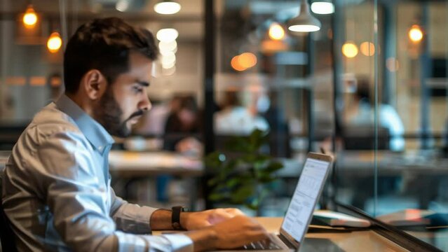 Businessman works on laptop at desk in modern office, colleagues blurred in background, glass walls and open layout create sense of transparency and collaboration.
