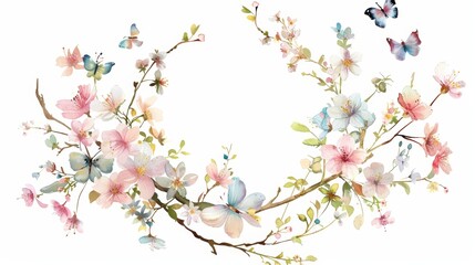 A charming watercolor wreath of pastel colored cherry blossom branches accented with tiny butterflies..