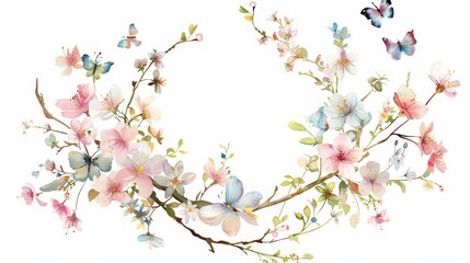 Fototapeta premium A charming watercolor wreath of pastel colored cherry blossom branches accented with tiny butterflies..
