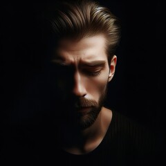 Fototapeta premium A very sad man portrait, with the rim light. The background is black