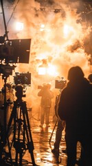 Cinematic Production, A director oversees a film set, crew members bustling, lights and cameras in position, creating a dynamic movie scene.