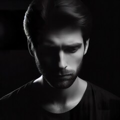 Fototapeta premium A very sad man portrait, with the rim light. The background is black