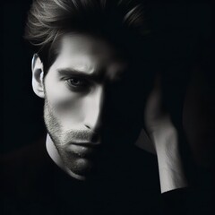 Fototapeta premium A very sad man portrait, with the rim light. The background is black