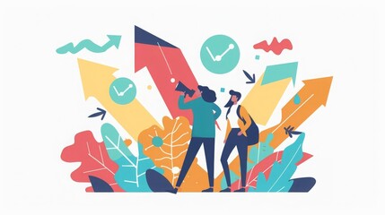 Obraz premium Concept of searching for opportunities, decisions, new business ideas or staff People looking into future choosing direction of development Colorful flat vector illustration isolated on white