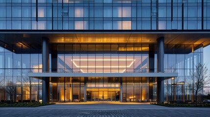 modern hotel exterior with a sleek glass facade in the late afternoon