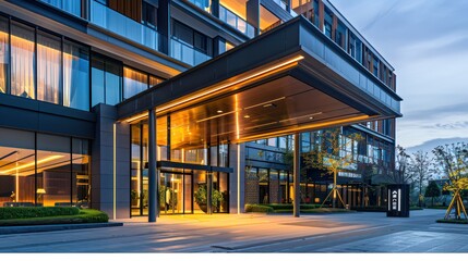 modern hotel exterior with a sleek glass facade in the late afternoon