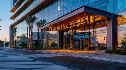 modern hotel exterior with a sleek glass facade in the late afternoon