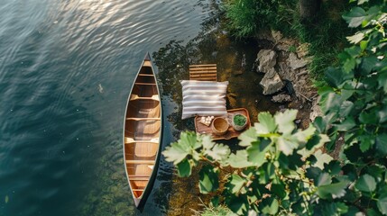 An aerial view of two boats peacefully floating on the serene lake surrounded by natural landscape with trees, grass, and other terrestrial plants AIG50