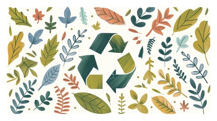 Obraz premium Modern eco sticker with recycle sign, arrows and leaves Concept of ecology, zero waste and sustainability Colored flat textured vector illustration isolated on white background