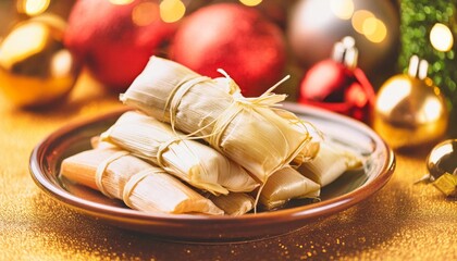 Plate of tamales on table with beautiful christmas decorations