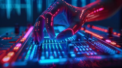 A DJ using a controller that responds to their hand gestures and facial expressions allowing them to manipulate and blend different tracks with fluid and intuitive movements.. - obrazy, fototapety, plakaty