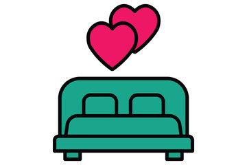 first night icon. bed with heart. icon related to wedding. flat line icon style. wedding element illustration
