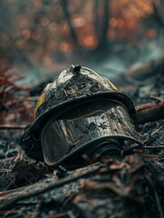 Weathered firefighter helmet on forest ground - A lone firefighter helmet lies abandoned in a forest, telling a story of bravery and the harshness of battling nature's fury