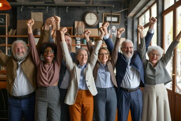 Group of happy senior businesspeople celebrating success. Multiracial group of senior businesspeople raising their hands in the air and celebrating their success. - Powered by Adobe