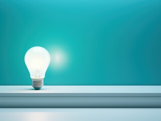 Turquoise backdrop with illuminated lightbulb on a white platform symbolizing ideas and creativity business concept creative thinking innovation new idea