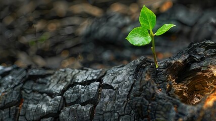 Green plant sprouting on scorched earth - A single fresh sprout stands out in sharp contrast to the burnt, devastated land it rises from, symbolizing hope
