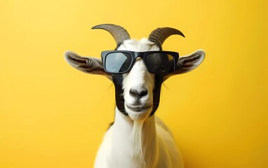 Fototapeta premium Creative animal concept. Goat with sunglasses isolated on pastel yellow background. 