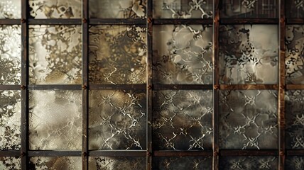 Distressed glass panels with metallic frame - Aesthetic close-up shot of distressed, textured glass panels set in a metallic frame, casting beautiful reflections