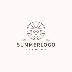 Summer beach vintage line art logo design with waves and summer sun rays illustration
