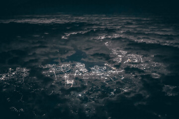 Nov 30 2023 Center of Tokyo in Japan night time aerial view from airplane