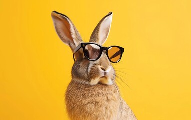 Creative animal concept. Rabbit with sunglasses isolated on pastel yellow background.
