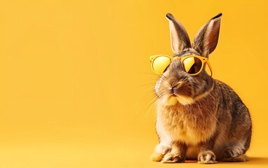 Creative animal concept. Rabbit with sunglasses isolated on pastel yellow background.