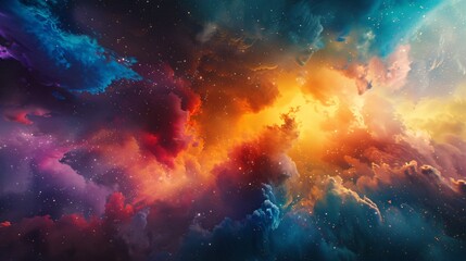 Fototapeta premium Cosmic Dust Cloud, A vibrant explosion of colorful particles fills the sky, resembling a cosmic nebula, as blues, purples, and reds merge into a celestial tapestry, embodying the universe's vastness a