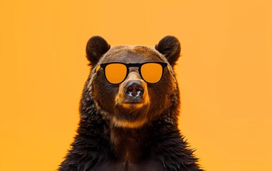 Creative animal concept. Bear with sunglasses isolated on pastel yellow background.