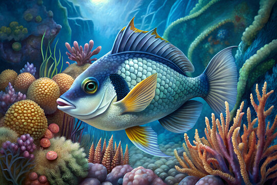 halfbeak  fish surrounded by beautiful coral