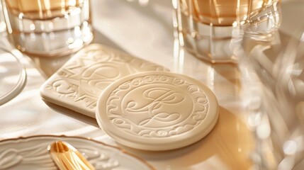 A creative and personalized set of embossed coasters featuring initials or monograms for a personal touch..