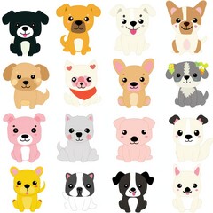 dog breeds bright colors, isolated white background