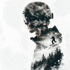 snowboarder riding, double exposure on white background