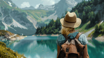 Obraz premium woman with a hat and backpack looking at the mountains and lake from the top of a mountain in the sun light, with a view of the mountains