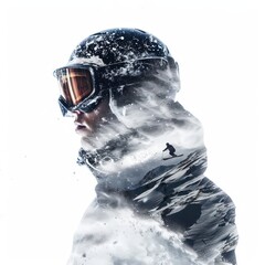 snowboarder riding, double exposure on white background