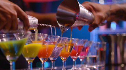The contestants carefully mixing and layering different colorful liquids into their cocktail shakers.