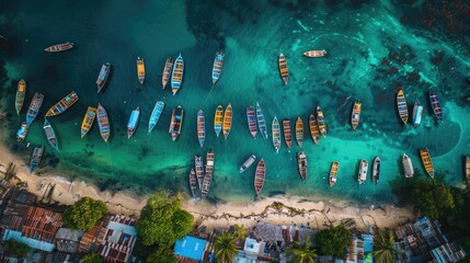 A stunning aerial view of a tropical island with boats floating in the crystalclear water, surrounded by lush greenery and palm trees AIG50