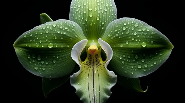 Transparent vector illustration of a green orchid with water droplets