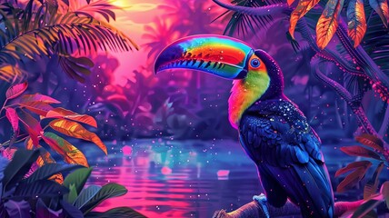 Obraz premium Mystic toucan in neon-lit jungle environment - Enchanting digital illustration of a toucan illuminated by neon lights in a magical jungle setting