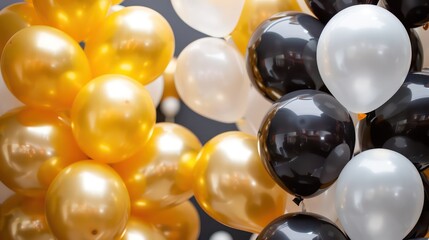 festive gold balloons, black balloons, white balloons 
