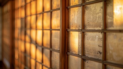 Warm sunlight filters through frosted glass panes - The golden hue of twilight illuminates frost patterns on glass panes, creating a cozy and inviting ambiance