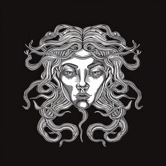 medusa head line art, black background 