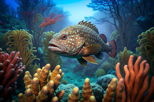 grouper fish surrounded by beautiful coral